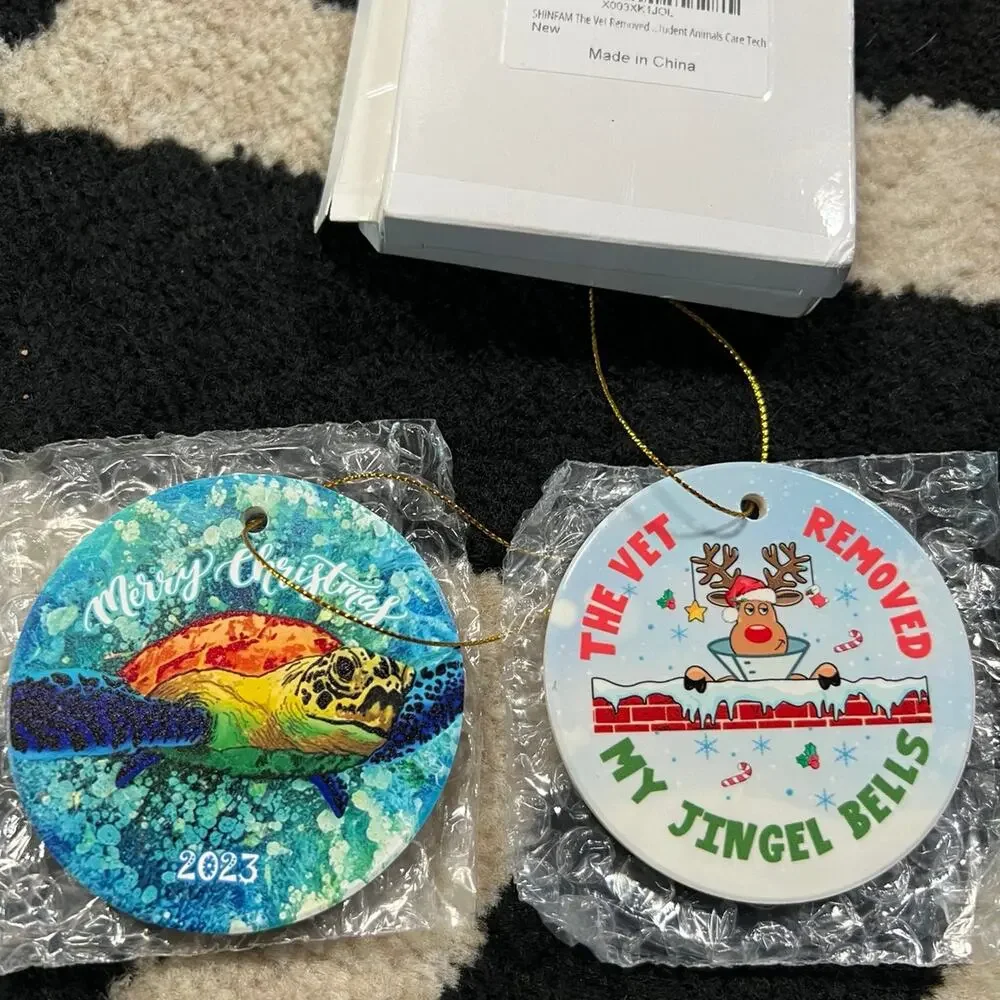 Set of 2 Ceramic Christmas Ornaments Turtle Funny Vet Holiday Tree Double-Sided